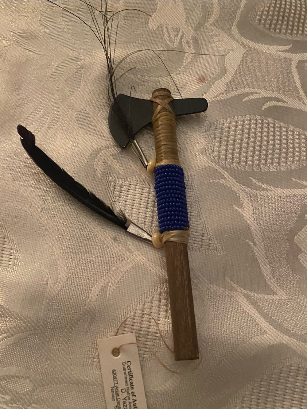 D Yazzie Navajo Native American Tomahawk Axe Wood 5”H Royal Blue Beaded Handle